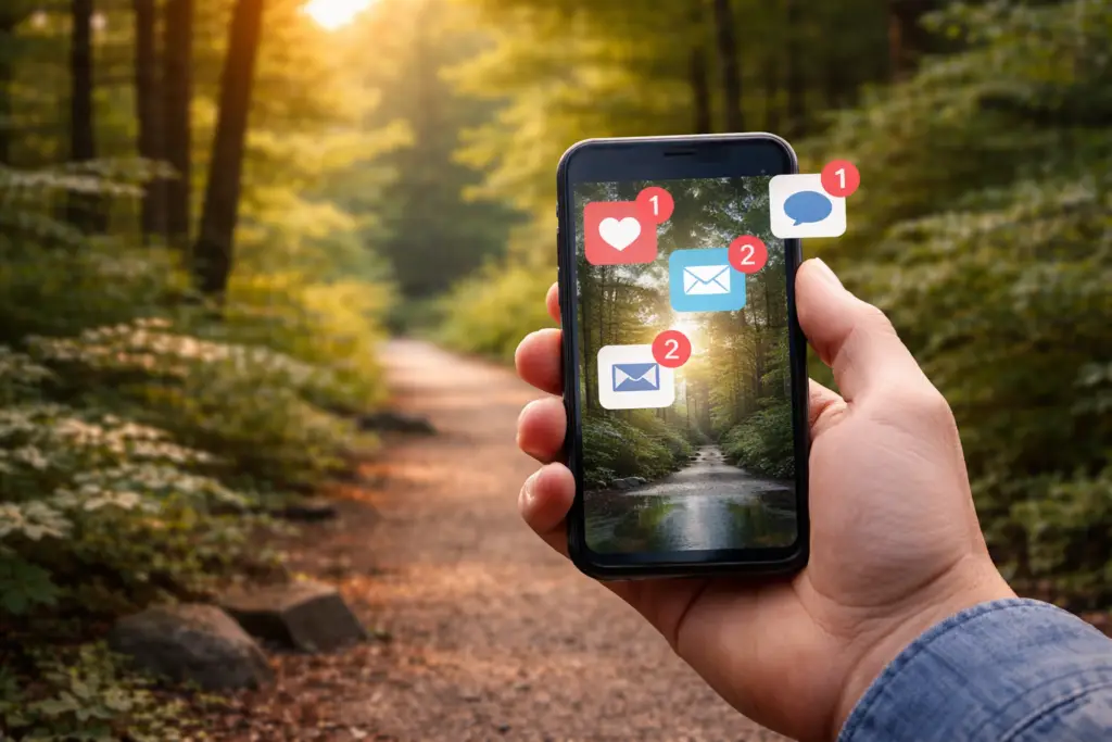 smartphone notifications on a forest trail illustrating digital overstimulation and constant digital distraction