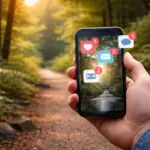 smartphone notifications on a forest trail illustrating digital overstimulation and constant digital distraction