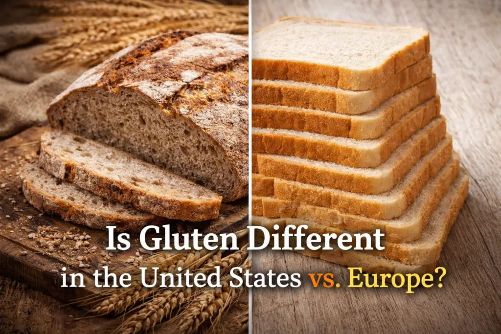 Comparison of rustic European sourdough bread and American sliced sandwich bread representing differences in wheat processing and gluten digestion