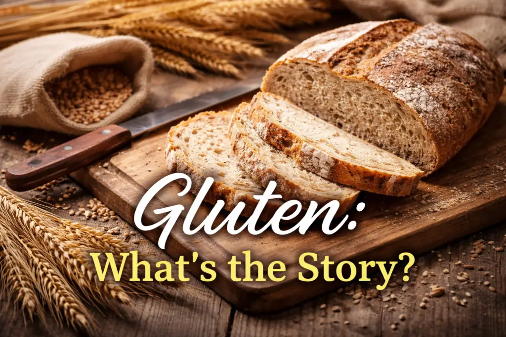 Rustic loaf of bread and wheat grains representing gluten and an article about gluten sensitivity and human health