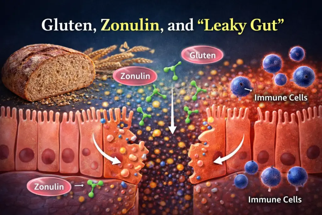 Gluten, Zonulin, and “Leaky Gut” Scientific illustration showing how gluten may trigger zonulin release and increase intestinal permeability in the gut barrier