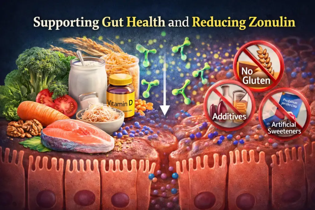 Illustration showing how diet, fiber, fermented foods, and omega-3 fats may support the gut barrier and reduce zonulin-related intestinal permeability