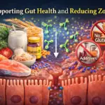 Illustration showing how diet, fiber, fermented foods, and omega-3 fats may support the gut barrier and reduce zonulin-related intestinal permeability